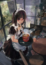 Rule 34 | 1girl, apron, black eyes, black hair, bow, breasts, brown eyes, brown hair, cleavage, cup ramen, dated, fork, glasses, hair bow, hjl, indoors, long hair, looking at viewer, maid, maid apron, maid headdress, medium breasts, open mouth, original, over-rim eyewear, red-framed eyewear, semi-rimless eyewear, signature, smile, solo, thighhighs, tray, waist apron