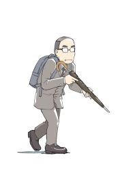 Rule 34 | 1boy, :i, backpack, bag, balding, business suit, comb over, commentary, formal, full body, glasses, highres, holding, male focus, necktie, opaque glasses, original, solo, suit, ueyama michirou, umbrella, walking, white background