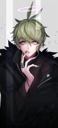 Rule 34 | 1boy, alternate costume, altimaen iten, amami rantaro, antenna hair, bishounen, black coat, black sleeves, bracelet, brown sweater, buttons, closed mouth, coat, collared coat, danganronpa (series), danganronpa v3: killing harmony, ear piercing, eyelashes, fur-trimmed coat, fur trim, green eyes, green hair, green nails, grey background, hair between eyes, halo, jewelry, layered sleeves, light frown, long sleeves, looking at viewer, male focus, multiple rings, nail polish, piercing, purple halo, ring, short hair, simple background, solo, sweatdrop, sweater, third-party source, upper body, zipper