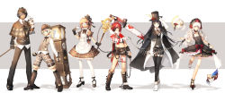 Rule 34 | 2boys, 4girls, aisha landar, alternate costume, black dress, black pants, blood, blood on clothes, boots, bow (weapon), cane, cape, capelet, chainsaw, chung seiker, clock, deerstalker, dress, elsword, elsword (character), eve (elsword), full body, gothic lolita, grandfather clock, hat, highres, lolita fashion, magnifying glass, mask, multiple boys, multiple girls, pants, plaid, plaid dress, raven cronwell, red hair, rena erindel, scorpion5050, staff, standing, steampunk, thighhighs, top hat, victorian, weapon