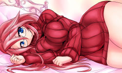 Rule 34 | 1girl, aty, aty (summon night), bed, blue eyes, breasts squeezed together, breasts, glasses, hip focus, kobayashi tetsuya, large breasts, long hair, lying, on side, pillow, pink hair, smile, solo, summon night, summon night 3, sweater, turtleneck, very long hair
