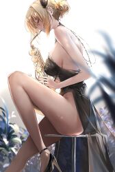 Rule 34 | 1girl, absurdres, azur lane, black dress, black footwear, blonde hair, blurry, blurry background, breasts, closed mouth, commentary, dress, english commentary, feather hair ornament, feathers, hair bun, hair ornament, high heels, highres, holding, holding instrument, instrument, large breasts, leg up, liaowen, prince of wales (a knight&#039;s song a lady&#039;s night) (azur lane), prince of wales (azur lane), saxophone, sideboob, sitting, solo