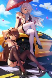 Rule 34 | 2girls, arm at side, arm strap, arm up, armpits, azur lane, black legwear, blue eyes, breasts, brown eyes, brown hair, car, center opening, checkered flag, cleavage, cloud, criss-cross halter, crossed legs, dress, flag, garter straps, halter dress, halterneck, hand on head, high heels, highres, holiday (pangjelly), lamborghini, lamborghini aventador, large breasts, long hair, looking at viewer, motor vehicle, multiple girls, on vehicle, one side up, race queen, race vehicle, racecar, shoukaku (azur lane), shoukaku (sororal wings) (azur lane), sitting, sky, thighhighs, thighs, umbrella, white hair, white legwear, wrist cuffs, zuikaku (azur lane), zuikaku (the wind&#039;s true name) (azur lane)