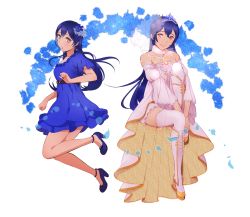 Rule 34 | 1girl, blue dress, blue hair, blush, commentary request, detached sleeves, dress, earrings, floating, full body, highres, jewelry, long hair, looking at viewer, love live!, love live! school idol festival, love live! school idol project, multiple persona, open mouth, smile, solo, sonoda umi, strapless, strapless dress, thighhighs, tiara, udo (zzinya), veil, wedding, wedding dress, white footwear, white thighhighs, yellow eyes