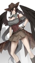 Rule 34 | 1girl, bandana, belt, black hair, black wings, blue bandana, blue shirt, boots, breasts, brown hat, brown skirt, cleavage, cowboy boots, cowboy hat, feathered wings, fingerless gloves, gloves, hat, highres, horse tail, kurokoma saki, large breasts, long hair, miniskirt, namekuzi, off-shoulder shirt, off shoulder, overskirt, pegasus wings, pleated skirt, red eyes, shirt, skirt, smile, solo, tail, thighs, touhou, underbust, white background, wings