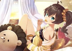 Rule 34 | 1girl, ahoge, animal-shaped pillow, bare legs, bed, bedroom, blue eyes, breasts, brown hair, candy, curtains, food, food in mouth, hololive, jacket, lingerie, lollipop, looking at viewer, lying, natsuiro matsuri, natsuiro matsuri (matsuri&#039;s day off), on bed, shorts, side ponytail, small breasts, solo, sunset, tokumaro, underwear, virtual youtuber