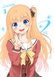 Rule 34 | 1girl, artist name, blonde hair, blue eyes, bow, bowtie, charlotte (anime), copyright name, cowboy shot, dated, finger counting, highres, hoshinoumi academy school uniform, long hair, misaki juri, nishimori yusa, one side up, open mouth, red shirt, sailor collar, school uniform, serafuku, shirt, smile, solo, teeth, upper body, upper teeth only, uupper teeth, white background, white sailor collar, yellow bow, yellow bowtie