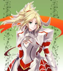 Rule 34 | 1girl, armor, armored dress, artist name, blonde hair, braid, breastplate, cowboy shot, fate/apocrypha, fate/grand order, fate (series), french braid, green background, green eyes, mordred (fate), mordred (fate/apocrypha), ponytail, red scrunchie, scrunchie, smile, solo, taito1020