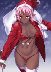 Rule 34 | 1girl, abs, ahoge, bikini, breasts, breasts apart, breath, charat (roki), christmas, cowboy shot, dark-skinned female, dark skin, expressionless, forehead jewel, front-tie bikini top, front-tie top, gift bag, gloves, hair ornament, hairclip, hat, holding, holding sword, holding weapon, jacket, katana, long sleeves, medium breasts, navel, open clothes, open jacket, original, pink hair, pom pom (clothes), red bikini, red jacket, red thighhighs, roki (shouka65), santa hat, short hair, short hair with long locks, snowing, solo, swimsuit, sword, thighhighs, weapon, white gloves