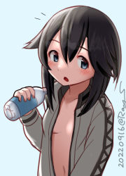 Rule 34 | 1girl, artist name, black hair, blue background, bottle, breasts, dated, grey eyes, hayasui (kancolle), jacket, kantai collection, looking at viewer, naked jacket, no bra, one-hour drawing challenge, ray.s, small breasts, solo, track jacket, upper body