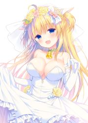 Rule 34 | 1girl, :d, ahoge, bare shoulders, bell, blonde hair, blue eyes, blush, bow, breasts, bridal veil, cleavage, dress, elbow gloves, eyebrows, flower, garuta (yamucha), gloves, hair bow, hair flower, hair ornament, large breasts, long hair, looking at viewer, open mouth, original, rose, smile, solo, two side up, veil, wedding dress, white bow, white dress, white gloves, yamucha, yellow flower, yellow rose