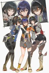 3girls animal_ears belle_(zenless_zone_zero) black_hair black_pants black_shirt black_shorts blue_hair blue_jacket chibiya1010 crossed_bangs fingerless_gloves gloves grey_jacket hair_ornament high-waist_pants highres holding holding_phone jacket jane_doe_(zenless_zone_zero) leaning_forward letter_hair_ornament metal_hairband mouse_ears mouse_girl mouse_tail multicolored_hair multiple_girls open_mouth orange_gloves pants pantyhose phone police police_uniform policewoman red_hair red_nails selfie sharp_tail shirt shorts simple_background single_leg_pantyhose single_thighhigh sleeveless sleeveless_jacket smile streaked_hair tail thighhighs tight_clothes tight_pants torn_clothes torn_pantyhose v white_background zenless_zone_zero zhu_yuan