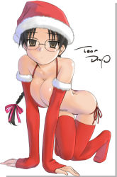 Rule 34 | 00s, 1girl, bikini, breasts, breasts squeezed together, butt crack, christmas, elbow gloves, fur trim, glasses, gloves, hat, hoshina tomoko, large breasts, red thighhighs, santa bikini, santa costume, santa hat, side-tie bikini bottom, simple background, solo, swimsuit, thighhighs, to heart, to heart (series), to heart 2, tsuina