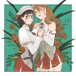 Rule 34 | 2girls, blunt bangs, border, breasts, brown eyes, brown hair, capelet, closed mouth, detached sleeves, eyewear strap, flower, garter straps, glasses, hair between eyes, headdress, highres, holding hands, kantai collection, large breasts, leaf, littorio (kancolle), long hair, multiple girls, necktie, orange flower, parted lips, pince-nez, red necktie, roma (kancolle), short hair, simple background, sukekiyo (skky 0)