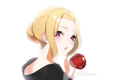 Rule 34 | 1girl, blonde hair, food, holding, holding food, kitagawa marin, looking at viewer, looking back, parted lips, patreon username, red eyes, short hair, sidelocks, simple background, solo, sono bisque doll wa koi wo suru, tofuubear, white background