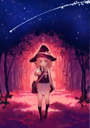 Rule 34 | 1girl, apron, bag, blonde hair, bow, dress shirt, forest, hair bow, hat, hat ribbon, highres, kirisame marisa, kneehighs, light, long sleeves, looking at viewer, monio, nature, necktie, night, open hand, outdoors, outstretched arm, ribbon, school bag, shirt, shoes, shooting star, short hair, sky, smile, socks, solo, star (sky), star (symbol), starry sky, touhou, vest, waist apron, witch hat