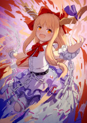 Rule 34 | 1girl, :d, belt, blonde hair, blush, bow, buttons, chain, commentary request, fang, fingernails, flat chest, full body, hair bow, highres, horn ornament, horn ribbon, horns, ibuki suika, jumping, long hair, looking at viewer, low-tied long hair, open mouth, orange eyes, pink background, purple ribbon, purple skirt, red bow, ribbon, ribbon-trimmed skirt, ribbon trim, shirt, sidelocks, skirt, sleeveless, sleeveless shirt, smile, solo, touhou, v-shaped eyebrows, very long hair, white shirt, wrist cuffs, yuu0w0w0