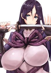 Rule 34 | 1girl, armor, blue eyes, breasts, closed mouth, eyes visible through hair, fate/grand order, fate (series), fingerless gloves, gloves, hayama kazusa, heart, heart-shaped pupils, holding, holding sword, holding weapon, katana, long hair, minamoto no raikou (fate), nail polish, pink nails, purple hair, purple neckwear, simple background, smile, solo, sword, symbol-shaped pupils, upper body, vambraces, weapon, white background