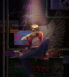 Rule 34 | 1boy, ahoge, alley, america (hetalia), axis powers hetalia, bag, blonde hair, brick wall, burger, cup, denim, denim shorts, disposable cup, drinking straw, dumpster, eating, fast food, food, food in mouth, food wrapper, graffiti, highres, jacket, leg up, letterman jacket, male focus, oyster pail, paper bag, pcpc onaka, red footwear, shoes, shorts, sitting, sneakers, spotlight, sunglasses, takeout container
