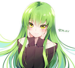 Rule 34 | 1girl, artist name, c.c., code geass, green hair, hands on own face, long hair, looking at viewer, mvv, off shoulder, smile, solo, yellow eyes