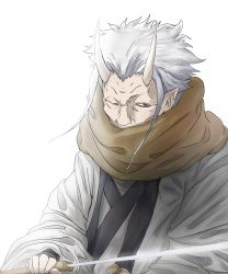 Rule 34 | 10s, 1boy, absurdres, black eyes, brown scarf, covered mouth, grey hair, hakurou (tensei shitara slime datta ken), highres, holding, holding sword, holding weapon, horns, long sleeves, looking at viewer, male focus, old, old man, one eye closed, oni, oni horns, scarf, solo, sword, tensei shitara slime datta ken, upper body, weapon, white background, wide sleeves