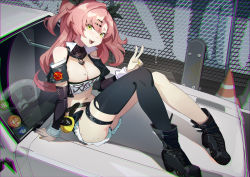 Rule 34 | 1girl, :d, absurdres, arm support, black footwear, black jacket, black ribbon, black thighhighs, boots, breasts, cleavage, commentary request, detached sleeves, hair ornament, hair ribbon, hairclip, hand up, high heel boots, high heels, highres, hokushuu, jacket, knees up, long hair, long sleeves, looking at viewer, medium breasts, midriff, mole, mole on breast, mole under eye, nail polish, navel, nicole demara, open clothes, open jacket, open mouth, pink hair, ribbon, short shorts, shorts, single thighhigh, sitting, smile, solo, stomach, strapless, thigh strap, thighhighs, thighs, traffic cone, tube top, two side up, v, yellow eyes, zenless zone zero