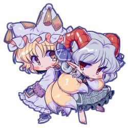 Rule 34 | 2girls, animal hat, back-to-back, barefoot, blonde hair, blue ribbon, blush, chibi, chibi only, curled horns, dress, earrings, fox tail, frilled dress, frills, grey dress, grey hair, grin, hat, heart, holding another&#039;s tail, hoop earrings, horizontal pupils, horn ornament, horn ribbon, horns, jewelry, long sleeves, looking at viewer, looking back, masanaga (tsukasa), meandros, medium hair, mob cap, multiple girls, multiple tails, open mouth, outline, parted bangs, pointy ears, print dress, red eyes, red horns, ribbon, simple background, smile, socks, speech bubble, spoken heart, tail, tassel, touhou, toutetsu yuuma, white background, white dress, white headwear, white socks, yakumo ran, yellow eyes