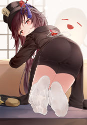 Rule 34 | 1girl, ass, black hat, black shorts, blush, brown hair, cameltoe, cum, cum on body, cum on feet, female focus, flower-shaped pupils, from behind, full body, genshin impact, gentai, ghost, hat, hat ornament, highres, hu tao (genshin impact), kneeling, long hair, looking at viewer, looking back, naughty face, parted lips, red eyes, shoes, short shorts, shorts, smile, socks, solo, symbol-shaped pupils, thighs, twintails, unworn shoes, very long hair, white socks