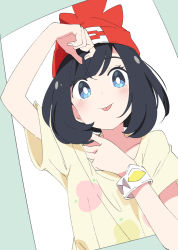 Rule 34 | 1girl, :p, arm up, beanie, black hair, blue eyes, creatures (company), game freak, hat, ixy, looking at viewer, nintendo, pokemon, pokemon sm, red hat, selene (pokemon), shirt, short hair, solo, tongue, tongue out, upper body, yellow shirt