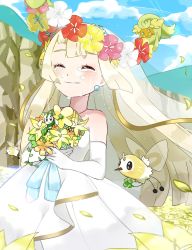 Rule 34 | bare shoulders, blonde hair, blue ribbon, blue sky, blush, bouquet, cliff, closed eyes, cloud, clover, comfey, creatures (company), crying, cutiefly, dress, earrings, elbow gloves, flabebe, flower, game freak, gen 6 pokemon, gen 7 pokemon, gloves, gold trim, hair flower, hair ornament, happy tears, highres, hill, jewelry, lillie (pokemon), long hair, nintendo, orange flower, petals, pink flower, pinpati26, pokemon, pokemon (creature), pokemon sm, red flower, ribbon, sky, tears, veil, wedding dress, white dress, white gloves, yellow flower