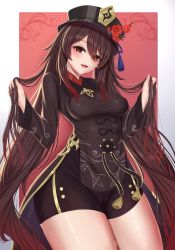 Rule 34 | 1girl, black hat, black shorts, blush, breasts, brown hair, brown shirt, chinese clothes, fang, flower, genshin impact, hat, hat flower, highres, holding, holding hair, hu tao (genshin impact), long hair, long sleeves, looking at viewer, medium breasts, open mouth, red eyes, red flower, shirt, short shorts, shorts, sidelocks, skin fang, solo, standing, star-shaped pupils, star (symbol), suuru, sweat, symbol-shaped pupils, teeth, twintails, very long hair