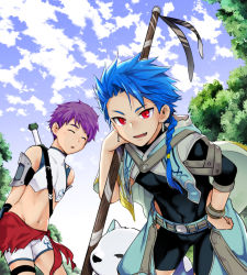 Rule 34 | 1other, 2boys, animal, arms behind back, asymmetrical bangs, asymmetrical clothes, belt, blue hair, blue sky, bodysuit, bodysuit under clothes, bracelet, braid, braided ponytail, capelet, chest strap, child, closed eyes, clothing cutout, covered navel, cu chulainn (fate), dog, earrings, fang, fate/grand order, fate/grand order arcade, fate (series), fergus mac roich (fate), fergus mac roich (young) (fate), grin, hand on own hip, holding, holding staff, jewelry, long hair, looking at viewer, male focus, multiple boys, navel, open mouth, outdoors, ponytail, puppy, purple hair, red eyes, setanta (fate), short hair, shorts, skin tight, sky, slit pupils, smile, spiked hair, staff, thigh cutout, wakatobi chakku