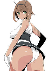 Rule 34 | 10s, 1girl, absurdres, ass, bare arms, black skirt, blush, breasts, brown hair, closed mouth, commentary request, cowboy shot, dark-skinned female, dark skin, freedom nakai, from behind, gloves, green eyes, hair between eyes, hairband, highres, kantai collection, large breasts, looking at viewer, looking back, microskirt, mutsu (kancolle), nose blush, panties, pleated skirt, red thighhighs, short hair, simple background, skirt, sleeveless, solo, sweat, thighhighs, underwear, upskirt, white background, white gloves, white panties