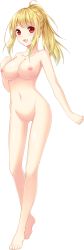 Rule 34 | 1girl, absurdres, barefoot, blonde hair, blush, breasts, collarbone, completely nude, eris fall cartlet, forearm at chest, full body, game cg, gluteal fold, haru uso -passing memories-, high ponytail, highres, large breasts, long hair, navel, nipples, no pussy, non-web source, nude, official art, open mouth, ponytail, red eyes, riichu, solo, standing, transparent background, uso (campus)