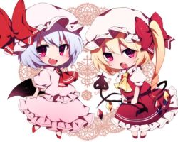 Rule 34 | 2girls, :d, :o, ascot, bat wings, bow, chibi, crystal, dress, fang, flandre scarlet, full body, hat, hat bow, holding, laevatein (touhou), looking at viewer, mob cap, multiple girls, one side up, open mouth, pink dress, pink headwear, puffy short sleeves, puffy sleeves, purple hair, red ascot, red bow, red eyes, red footwear, red skirt, red vest, remilia scarlet, shirt, short hair, short sleeves, siblings, sisters, skirt, smile, standing, touhou, vest, white headwear, white shirt, wings, yellow ascot, you (noanoamoemoe)