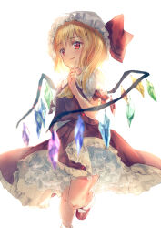 Rule 34 | 1girl, ascot, blonde hair, crystal wings, dress, flandre scarlet, frilled dress, frills, hat, hat ribbon, highres, mob cap, puffy short sleeves, puffy sleeves, red eyes, red ribbon, ribbon, shimekake, short sleeves, simple background, smile, solo, touhou, white background, white mob cap, yellow ascot