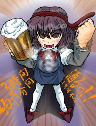 Rule 34 | 1girl, alcohol, asama isami, beer, beer mug, blush, bow, breath, brown hair, cup, emphasis lines, mug, necktie, necktie on head, open mouth, skirt, solo, @ @, thighhighs, uwabami breakers, zettai ryouiki
