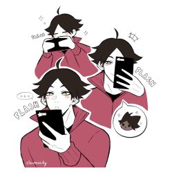 Rule 34 | 1boy, :o, animal ears, artist name, brown hair, cellphone, claireiosity, closed eyes, closed mouth, dog, dog boy, dog ears, english text, expressions, eyebrows, face, forehead, haikyuu!!, highres, jacket, light blush, long sleeves, male focus, nose, open mouth, pale skin, parted bangs, phone, red jacket, sleeves past elbows, slit pupils, smartphone, smile, solo, solo focus, sound effects, sparkle, speech bubble, suna rintarou, track jacket, twitter username, watermark, white background, yellow eyes