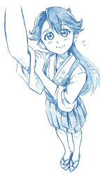 Rule 34 | 1girl, arm up, bbb (friskuser), blue theme, commentary request, floral print, flying sweatdrops, foreshortening, from above, geta, hair between eyes, highres, houshou (kancolle), japanese clothes, kantai collection, kimono, looking at viewer, monochrome, ponytail, reaching, reaching towards viewer, sketch, smile, solo