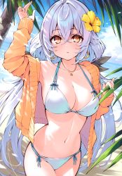 Rule 34 | 1girl, absurdres, bikini, breasts, cleavage, collarbone, cu-no, halterneck, highres, hisen kaede, jacket, jewelry, long hair, looking at viewer, medium breasts, nail polish, navel, necklace, open clothes, open mouth, palm leaf, palm tree, scan, side-tie bikini bottom, solo, stomach, string bikini, swimsuit, thighs, tree