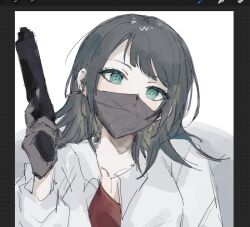 Rule 34 | 1girl, art program in frame, bang dream!, bang dream! it&#039;s mygo!!!!!, black hair, blush, chinese commentary, collared shirt, commentary request, earrings, finger on trigger, gloves, green eyes, gun, handgun, highres, holding, holding gun, holding weapon, jewelry, looking at viewer, mask, medium hair, mouth mask, pann (1202zzzx00), procreate (medium), shirt, solo, upper body, weapon, white shirt, yahata umiri