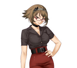 Rule 34 | 10s, 1girl, alternate costume, black eyes, breasts, brown hair, choker, female focus, glasses, hairband, high heels, highres, kantai collection, large breasts, looking at viewer, md5 mismatch, mutsu (kancolle), office lady, red-framed eyewear, short hair, short sleeves, shoumaru (gadget box), simple background, smile, solo, standing, white background