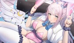 Rule 34 | 1girl, angel wings, animal ears, blue archive, blush, breasts, cafenami, capelet, fake animal ears, highres, large breasts, leotard, long hair, looking at viewer, mika (blue archive), parted lips, pink hair, pink leotard, rabbit ears, solo, strapless, strapless leotard, thighhighs, white capelet, white thighhighs, white wings, wings, yellow eyes