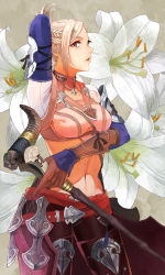 Rule 34 | 10s, 1girl, arm behind head, arm strap, arm up, belt, belt skirt, blonde hair, boots, braid, cleavage cutout, clothing cutout, cowboy shot, crop top, final fantasy, final fantasy xiv, flower, folded ponytail, french braid, from side, gloves, grey background, grey eyes, hair up, holding, holding weapon, hyur, legs apart, lily (flower), lips, looking at viewer, midriff, minfilia warde, multiple belts, navel, parted lips, ribbon, short hair, sidelocks, solo, staff, thigh boots, thighhighs, turtleneck, uwatsuki isshiki, uwtk, vambraces, weapon, white hair
