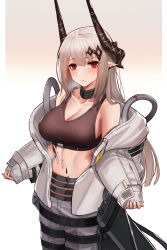 Rule 34 | 1girl, absurdres, arknights, bare shoulders, black collar, blush, breasts, chinese commentary, cleavage, collar, collarbone, commentary request, cowboy shot, crop top, eternity (shadeh), grey pants, highres, horns, infection monitor (arknights), jacket, large breasts, long hair, long sleeves, looking at viewer, material growth, midriff, mudrock (arknights), mudrock (elite ii) (arknights), navel, off shoulder, open clothes, open jacket, oripathy lesion (arknights), pants, parted lips, pointy ears, red eyes, silver hair, solo, sports bra, standing, stomach, white jacket