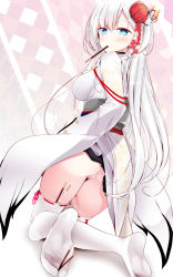 Rule 34 | 1girl, ass, azur lane, bad id, bad pixiv id, between toes, blue eyes, blush, closed mouth, dutch angle, feet, food, from behind, hair ornament, highres, japanese clothes, kanzashi, kimono, kneeling, long hair, looking at viewer, looking back, mole, mole under eye, mouth hold, no shoes, oouso, panties, pink panties, pocky, pocky day, ribbon-trimmed legwear, ribbon trim, shoukaku (azur lane), sidelocks, soles, solo, thighhighs, underwear, very long hair, white hair, white kimono, white thighhighs, wide sleeves