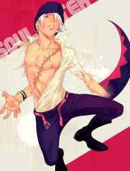 Rule 34 | 00s, 1boy, beanie, belt, boots, bracelet, hair over one eye, hat, jewelry, male focus, open belt, open clothes, open shirt, red eyes, rem (tsulala), ring, scar, scythe, shirt, solo, soul eater, soul evans, torn clothes, torn shirt, white hair