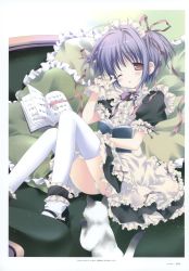 Rule 34 | 1girl, absurdres, book, cat, couch, dress, frilled pillow, frills, green panties, highres, lolita fashion, maid headdress, morinaga korune, panties, pillow, purple eyes, purple hair, shoes, striped clothes, striped panties, thighhighs, underwear, waking up, white thighhighs, wrist cuffs