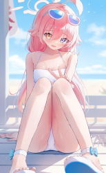 Rule 34 | 1girl, 200f (nifu), absurdres, ahoge, arm support, bare arms, bare legs, bare shoulders, beach, bikini, blue archive, blue eyes, blue sky, blurry, blush, breasts, cameltoe, commentary request, day, depth of field, eyewear on head, full body, hair between eyes, hair flaps, halo, halterneck, heterochromia, highres, hoshino (blue archive), knees together feet apart, knees up, long hair, looking at viewer, ocean, open mouth, outdoors, outstretched hand, raised eyebrows, sandals, sitting, sky, small breasts, solo, sparkle, sunlight, swimsuit, wet, white bikini, white footwear, yellow eyes