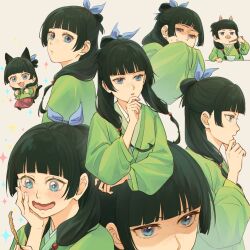 Rule 34 | 1girl, :t, animal ears, backpack basket, beads, black hair, blue bow, blue eyes, blunt bangs, bow, bowl, cat ears, cat girl, cat tail, chibi, chinese clothes, chopsticks, closed mouth, cropped torso, excited, extra ears, floating hair, folded hair, freckles, hair beads, hair bow, hair ornament, hair over shoulder, half updo, hand on own chin, hand up, hands in opposite sleeves, hanfu, highres, kemonomimi mode, kusuriya no hitorigoto, long hair, long sleeves, looking ahead, looking at viewer, looking back, looking to the side, machikokom43502, maomao (kusuriya no hitorigoto), multiple views, open mouth, pig ears, pig nose, profile, red skirt, scared, sidelocks, simple background, skirt, sparkle, stroking own chin, tail, thinking, twintails, walking, wavy mouth, wide sleeves